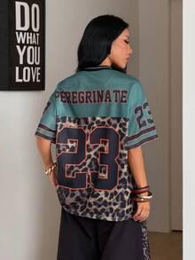 Coolane 女士夏季节日复古街头运动服号码印花超大棒球衫T恤 - 軍綠色 - 查看 6