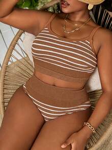 Slaydiva 2 piezas Conjunto de playa de talla grande, Traje de baño tipo tankini de tela a rayas con tirantes ajustables - Café integral - Ver 4
