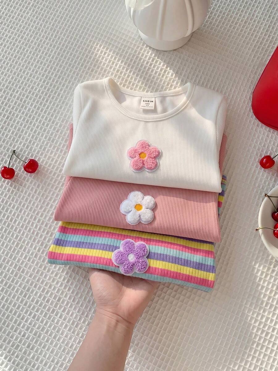 Emery Rose Kids 3件套 女童针织纯色圆领条纹3D花朵休闲T恤 - 彩色 - 查看 1