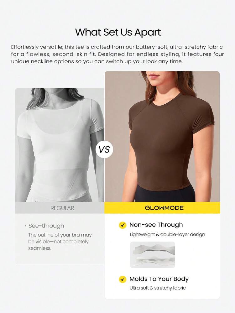 Glow Era Soft Stretchy Round Neck Slim Fit Cropped Short Sleeve Active Crewneck Tee Low-Impact Yoga Pilates Gym Studio Daily Casual Wear