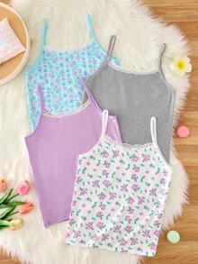 Bộ 4 áo lót hai dây cơ bản cho bé gái, kiểu dáng tối giản, nhiều màu sắc, in nơ, có ren phía trước, mềm mại và thoải mái, mặc hàng ngày. - Nhiều màu - Xem 2