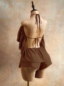 Mistrie Sexy Backless Halter Romper For Summer - Coffee Brown - View 2