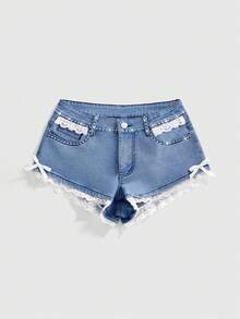 ROMWE Quần short denim nữ cạp chun co giãn họa tiết ren trái tim phong cách Y2K, thích hợp cho các lễ hội âm nhạc, ngày Valentine, kỳ nghỉ, mua sắm, tiệc tùng, mặc hàng ngày, mùa xuân/hè. - Rửa trung bình - Xem 2