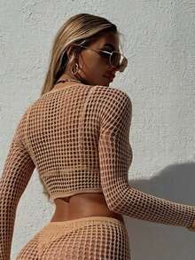 Swim SXY 2pcs Women Solid Color Sexy Hollow Out Tight Mesh Cover Up - Khaki - View 2