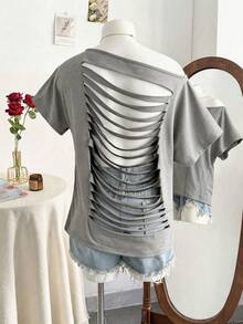Lalippa Áo thun nữ màu trơn, thiết kế bất đối xứng vai, rách nhẹ, phong cách thường ngày đa năng. - Màu Xám nhạt - Xem 3