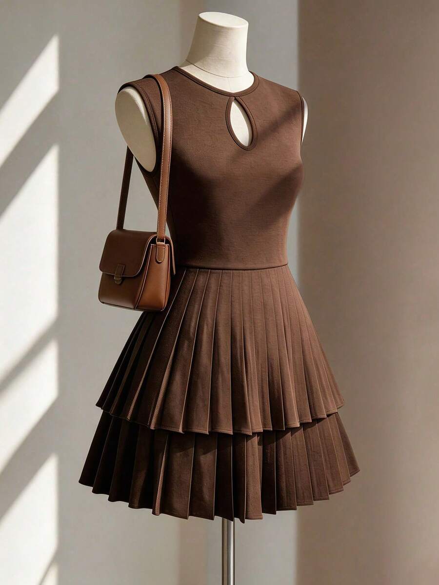 Endroma Vestido elegante y romántico con pliegues, de línea A y cintura ceñida, sin mangas para mujeres - Café integral - Ver 1