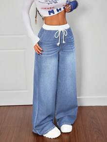 SHEIN EZwear 大码女式抽绳腰带休闲百搭日常牛仔裤 - 藍色 - 查看 5