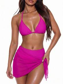 Swim Vcay 3pcs Beach Holiday Random Print Bikini Swimsuit Set For Summer Beach Vacation - Hot Pink - View 3
