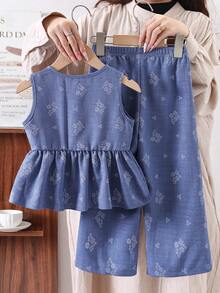 SHEIN Elladie kids 女童两件套，蓝色竹纹印花刺绣花卉图案梭织面料，白色蝴蝶结装饰无袖上衣+阔腿裤，面料柔软舒适，适合女孩日常、上学、度假、派对、海滩、夏季穿着。 - 藍色 - 查看 3