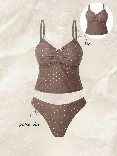 Swim Mod Nowy, vintage'owy, brązowy komplet bikini z koronką w groszki i ramiączkami typu spaghetti, dwuczęściowy strój kąpielowy w stylu retro na lato