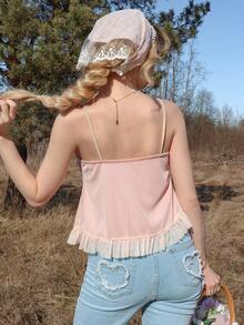 Kawaii Áo hai dây kiểu babydoll phối lưới tương phản ROMWE X Elena Katey với viền bèo nhún, thích hợp cho học sinh. - Hồng - Xem 2