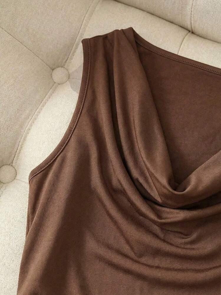 Franclia 1 conjunto de top sin mangas de cuello en V ajustado de color marrón con falda pantalón de oficina de color albaricoque para mujer - Marrón - Añade 5