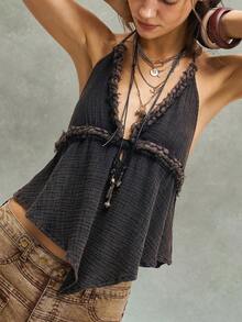 Bohemela Casual Boho Solid Color Woven Halter Neck Blouse For Women Vacation Charcoal Gray Summer - Black - View 7