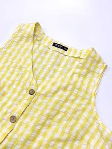 SHEIN LUNE CURVE 女款大尺碼白色夏季可愛野餐度假無袖V領條紋絲網印花仿刺繡休閒洋裝，前襟附鈕扣 - 彩色 - 查看 6