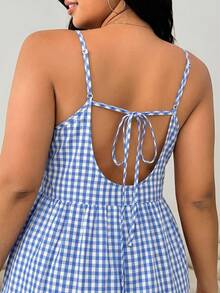 Solflare Plus Size Women Brown Plaid Slip Dress Gym Summer - Blue and White - View 2