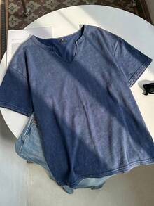 SHEIN EZwear 大码复古水洗酸洗宽松短袖V领T恤，纯棉面料，春夏款 - 藏蓝色 - 查看 6