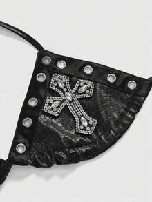ROMWE Avant Women's Retro Gyaru Biker Bra With Leather & PU Motorcycle Decor, Ultra Low-Rise Cross Embellished Mini Skinny Shorts - Black - View 3