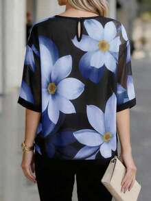 EMERY ROSE Women's Floral Print Round Neck Casual Versatile Daily Wear Shirt - Blue - View 2