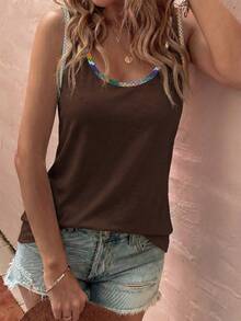 EMERY ROSE Women's Spring/Summer New Arrival Denim Effect Texture Printed U-Neck Casual Versatile Sleeveless Tank Top - Coffee Brown - View 3
