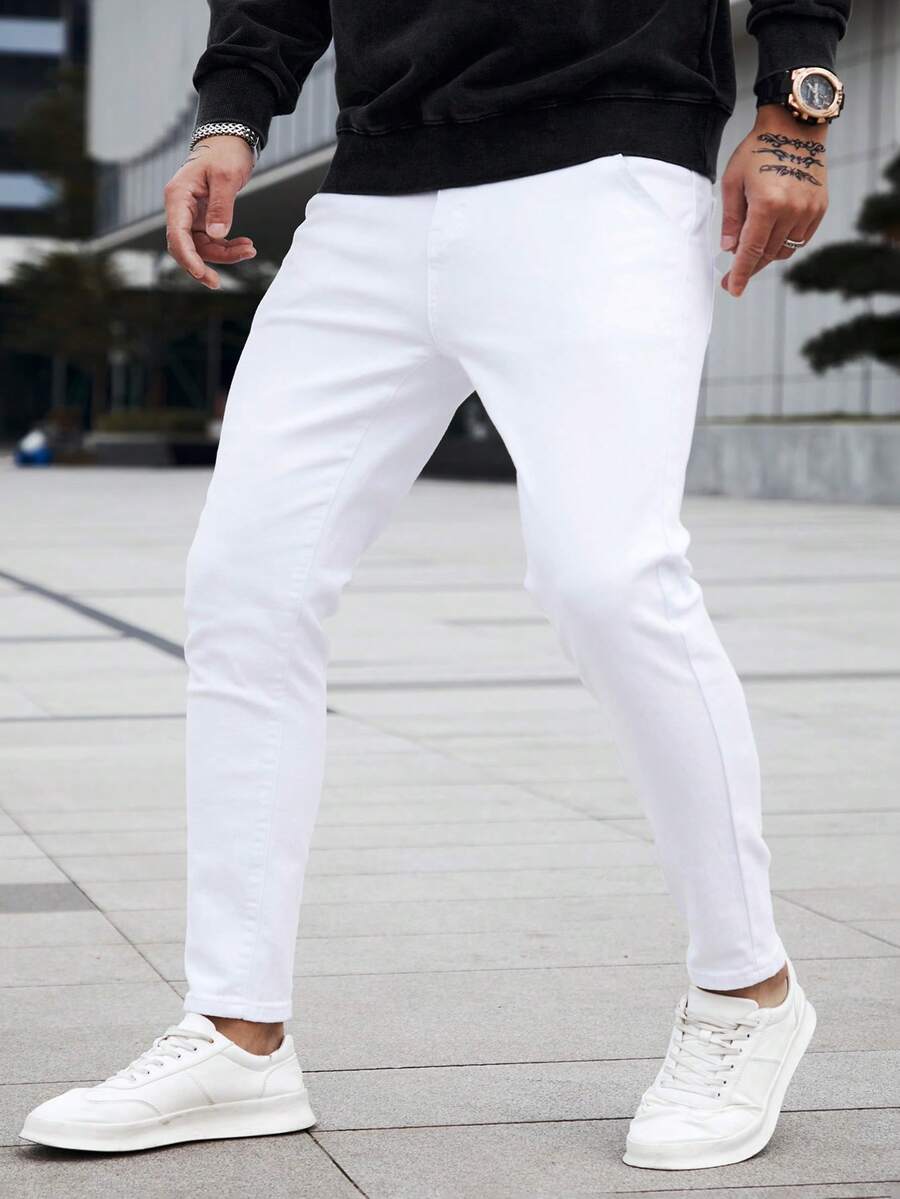 Manfinity Homme 男士修身款牛仔褲，長款洗水淺色裝飾，純白色貨物工作商務休閒美式婚紗 - 白色 - 查看 1