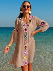 Swim Lushoire Gaun Wanita Model V-Neck Lengan 3/4 Rajutan Bunga Warna Acak Belahan Samping Longgar - Khaki - View 5