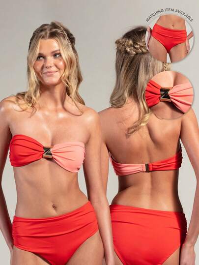 Rouah Áo bikini quây ngực xếp ly phối hai màu kim loại dành cho nữ, rất thích hợp cho kỳ nghỉ hè.