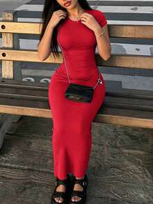 INAWLY 女士纯色圆领短袖修身优雅连衣裙 - 紅色 - 查看 5