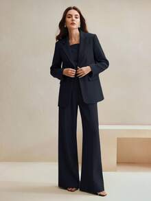 Anewsta Women's Solid Color Long Sleeve Jacket And Pants Formal Suit Set, Commuting Style - Navy Blue - View 6