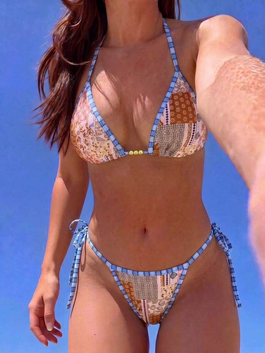 Bộ bikini đồ bơi nữ Swim Mod 2026SS mới, họa tiết sọc Boho, phong cách Bohemian, thoải mái, cổ điển Y2K, hoa văn dễ thương, ngọt ngào, retro, thích hợp cho kỳ nghỉ xuân hè, trang phục đi biển thời trang, trang phục ngày Quốc khánh 4 tháng 7, đồ đi biển. - Nhiều màu - Xem 1