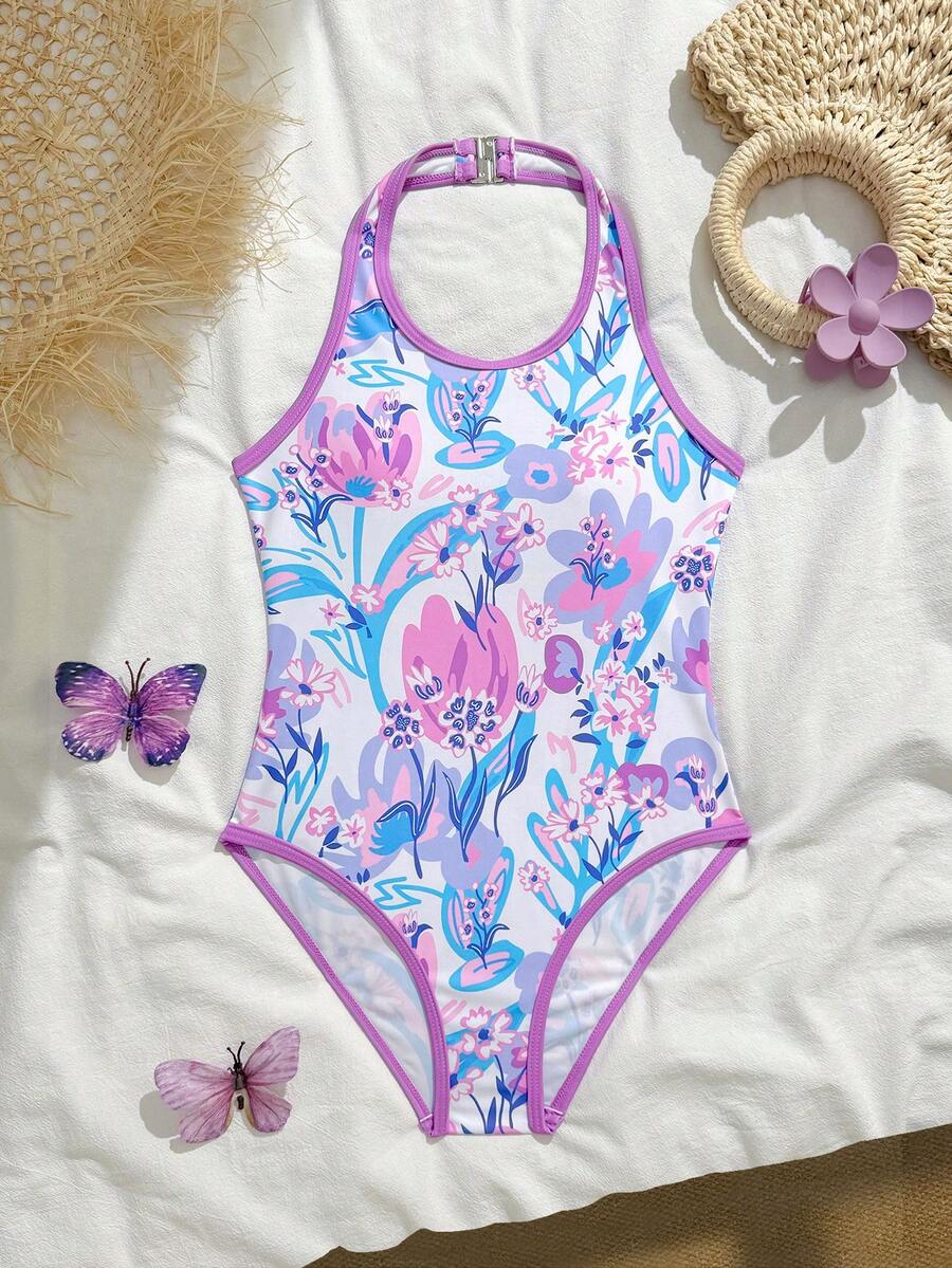 SHEIN 少女碎花吊带连体泳衣,适合海滩度假、泳池派对、沙滩派对 - 紫色 - 查看 1