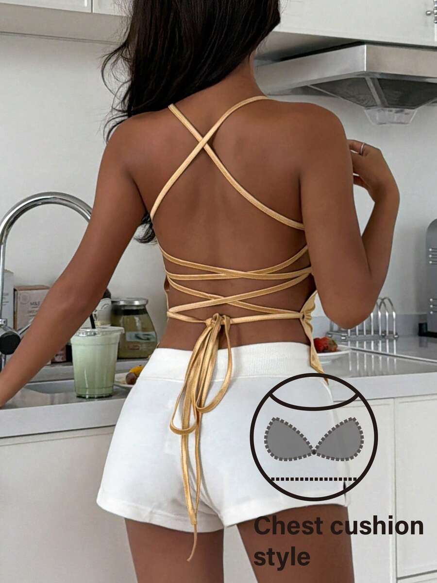 DAZY Áo hai dây hở lưng bằng satin gợi cảm có đệm mút, đồ ngủ mùa hè dành cho nữ. - Màu vàng - Xem 1