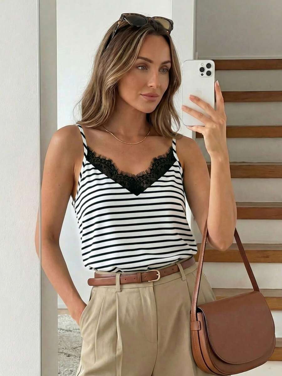 Easowa Áo tank top hai dây cổ chữ V phối ren tương phản, kiểu dáng retro, đa năng, họa tiết kẻ sọc, phù hợp cho nữ, thích hợp cho các buổi đi chơi, kỳ nghỉ biển, phong cách lãng mạn, đi làm, hẹn hò, thời trang sành điệu. - Nhiều màu - Xem 1