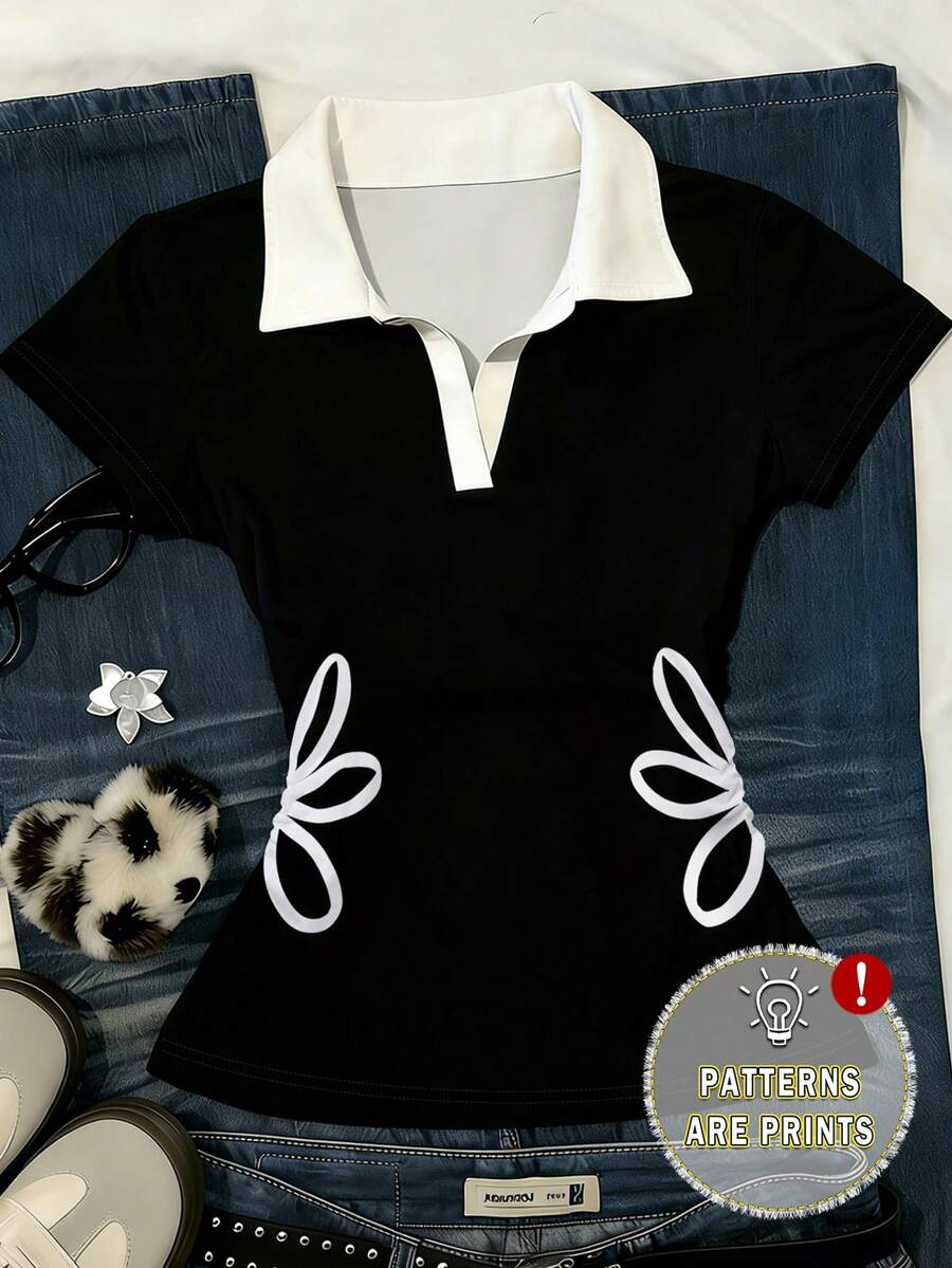 Tween Girls' Colorblock Collar Short Sleeve Casual Cinched Waist Polo Shirt For Summer - Multicolor - View 1