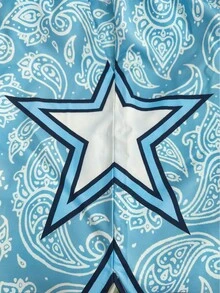 ROMWE MEN Street Life Pantalones cortos con estampado de paisley de estrellas, cintura con cordón, para hombres, escuela - Azul y blanco - Ver 4
