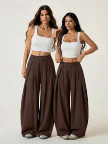 SHEIN PETITE Quần dài nữ mùa hè kiểu vintage năng động, phong cách đường phố, dáng rộng, màu xanh quân đội, ống loe, gấu quần cong. - Cà phê nâu - Xem 5