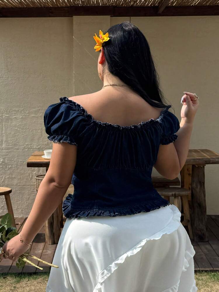 Dazy Plus Plus Size Women's Frayed Hem Patchwork Casual Western Denim Crop Top, Spring/Summer