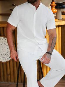 Manfinity Homme 男士白色夏季休閒兩件套，緹花短袖立領襯衫與抽繩腰寬鬆直筒長褲，度假度假穿搭，正式 - 白色 - 查看 5