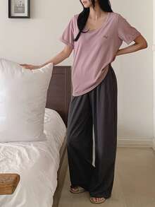 DAZY Bộ đồ ngủ ngắn tay và quần dành cho nữ - Hồng - Xem 4