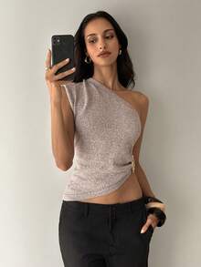 Aloruh Blusa casual de punto con decoración metálica en el hombro, elegante para el uso diario y el trayecto al trabajo, para el verano - Caqui - Ver 4