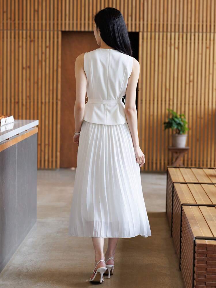 Women's Casual Elegant Office Outfit, Sleeveless Long Vest And Skirt 2-Piece Set, Spring/Summer