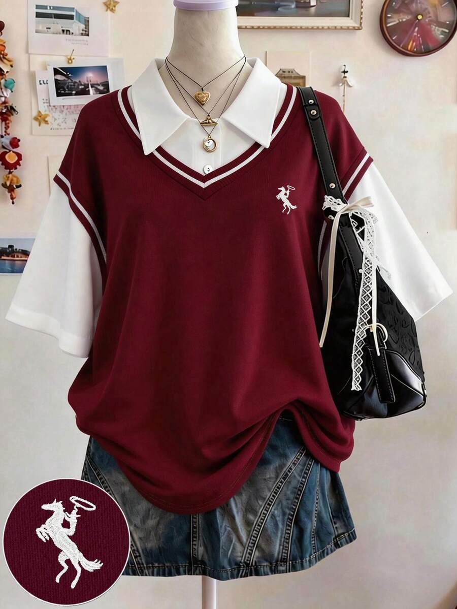 Lalippa Camiseta de cuello polo minimalista y de moda para mujer con bordado, regalo para amigos - Burdeos - Ver 1