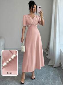 Modelyn Đầm dài màu xanh lá cây đính ngọc trai, cổ chữ V, eo cao. - Hồng - Xem 6