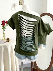 Lalippa Women's Solid Color Backless Cutout Design Short Sleeve Casual Asymmetric Neck T-Shirt - Army Green - View 3