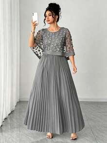 Elenzga Plus Size Women Elegant 3D Floral Mesh Pleated Dress - Grey - View 7