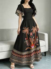Vestido bohemio vintage con estampado floral para mujer, escote cuadrado, mangas abullonadas, dobladillo con volantes - Multicolor 3 - Ver 7