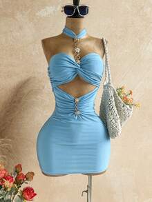 Soleia Women's Solid Color Halter Metal Decor Ruched Sexy Mini Dress For Dates & Parties,Dresses For Women Summer No Chest Padding - Teal Blue - View 1