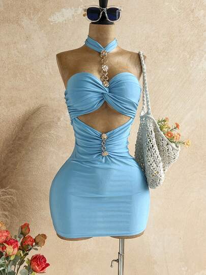 Soleia Women's Solid Color Halter Metal Decor Ruched Sexy Mini Dress For Dates & Parties