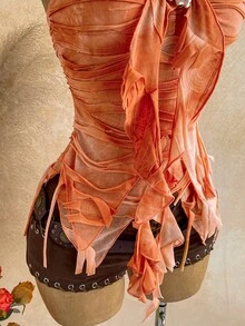 Soleia Áo kiểu nữ cổ buộc dây, viền bèo nhún, thời trang, đa năng, thích hợp cho các buổi hẹn hò và đi chơi. - trái cam - Xem 5