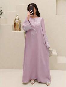 Al Najma Women's Rhinestone Decor Round Neck Long Sleeve Elegant Arabic Style Dress - Mauve Purple - View 8