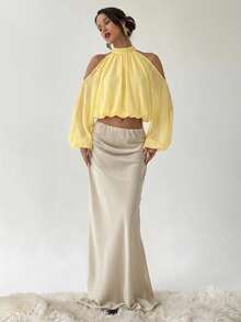 Aloruh Top corto de hombros descubiertos de unicolor elegante - Amarillo - Ver 9